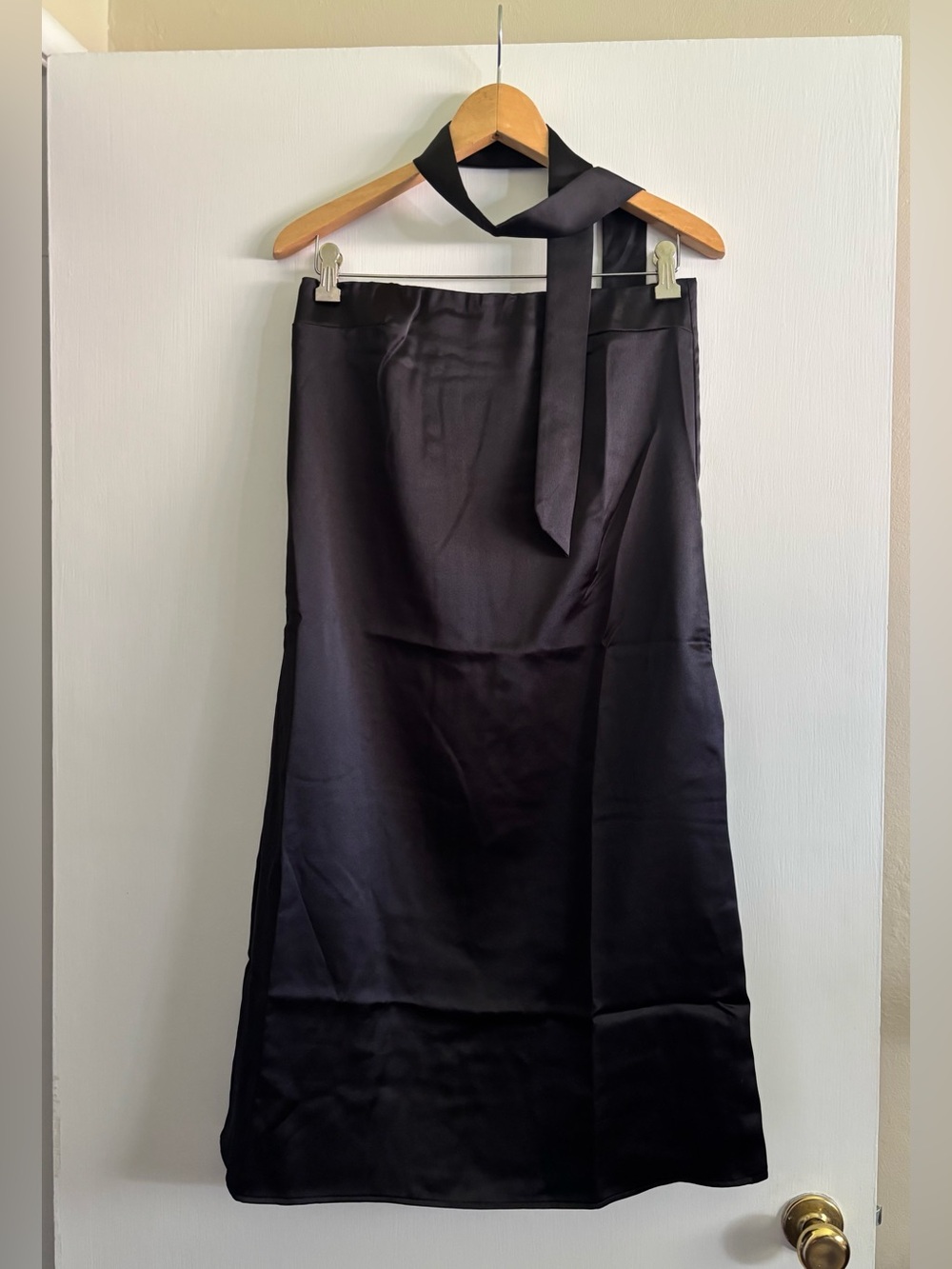 Toit Volant Black Satin Midi Strapless Dress with Waist Tie/ Neck Tie